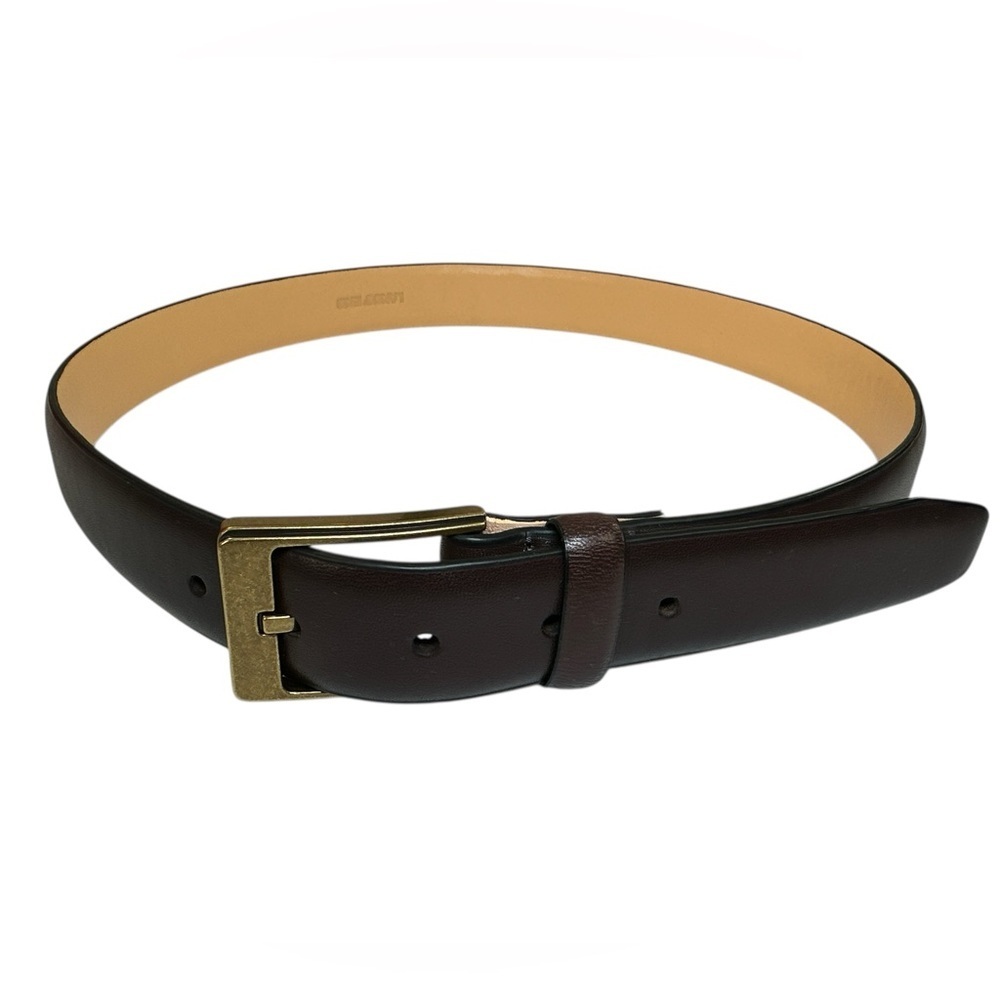 Lands' End Men's Leather Feather Edge Dress Belt Brown Gold Brass Buckle 32